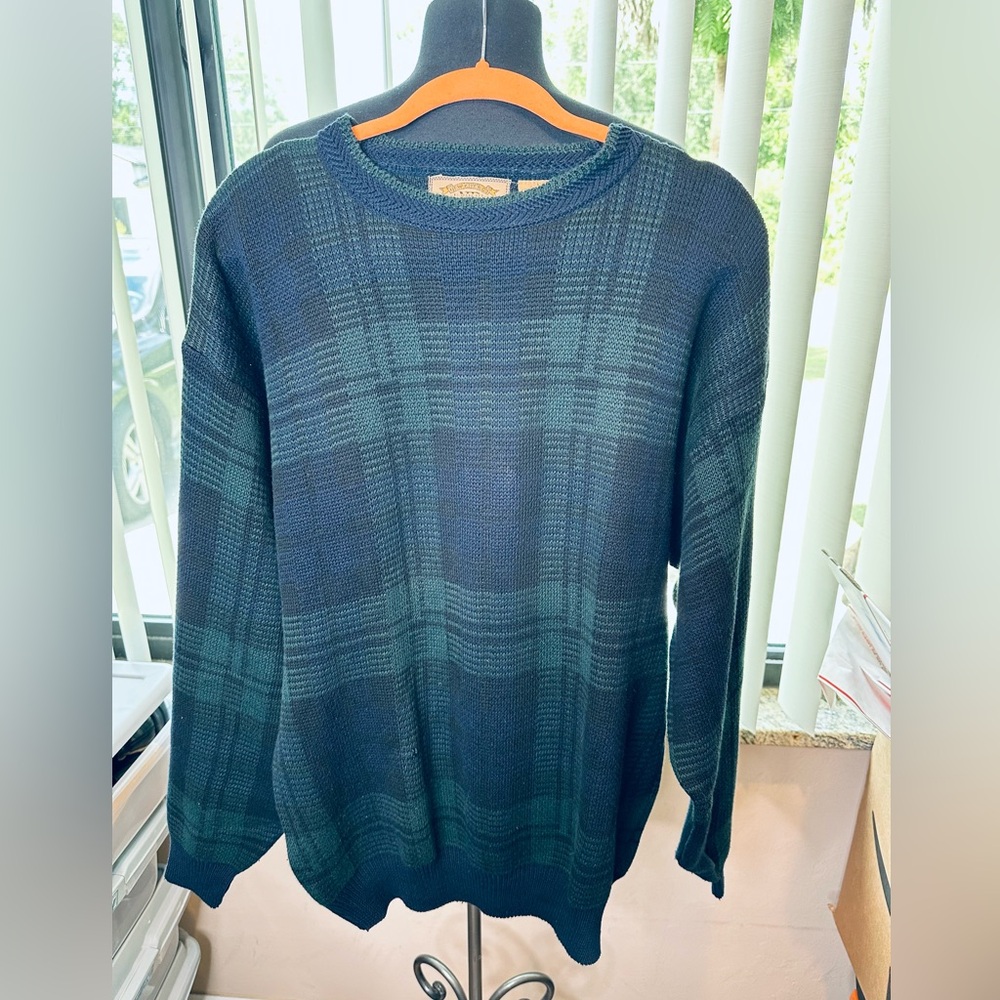 New River Men's Green Plaid Sweater 100% Cotton Preppy Chunky Size Large